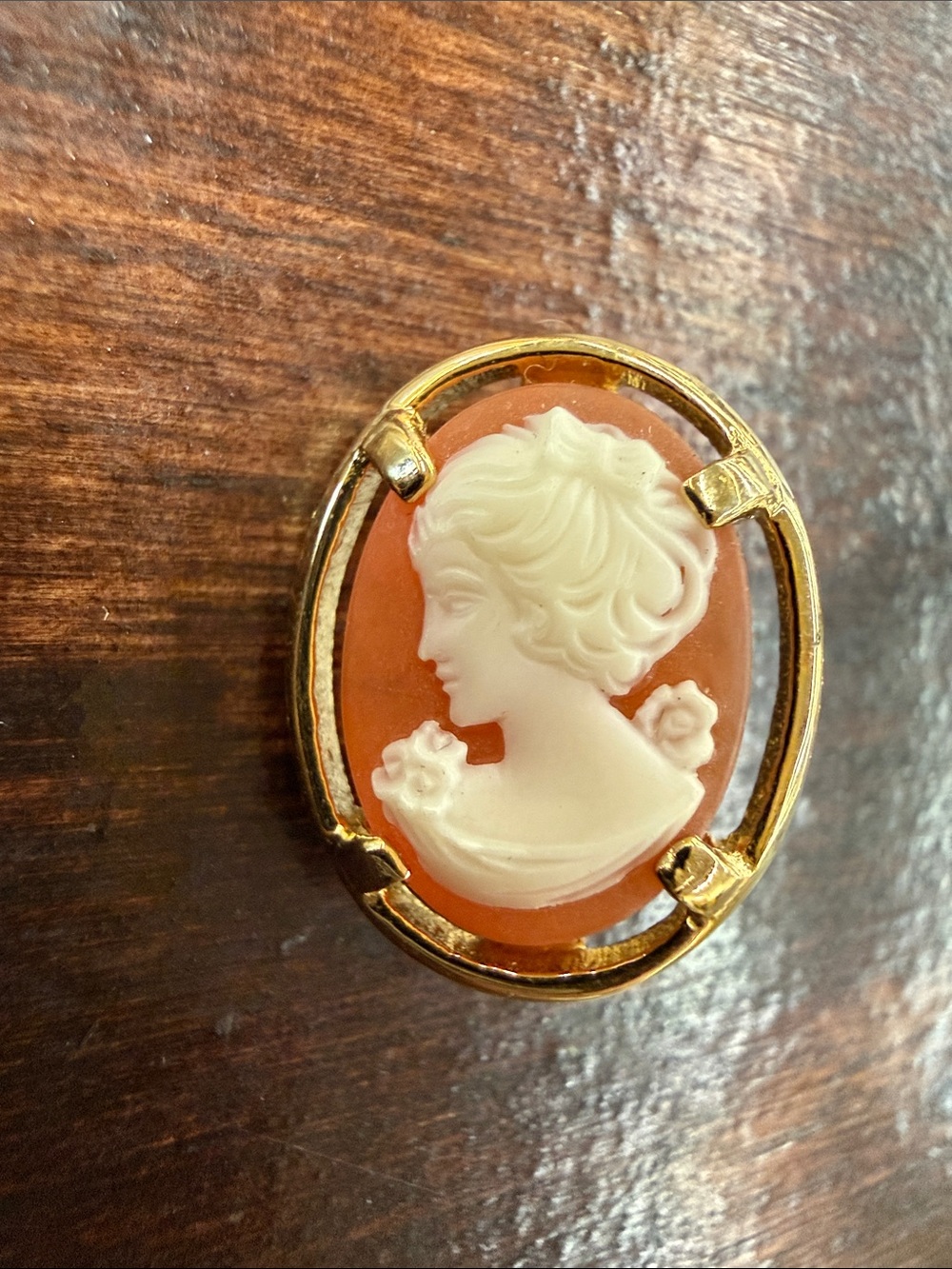 Vtg STAMPED Gold Orange & Cream Cameo Brooch - Classic Women's Jewelry